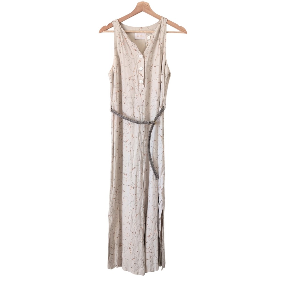 Sancia Beige Abstract Print Sleeveless Jumpsuit Belted Lined S Rayon‎ Resortwear